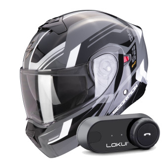 Convertible Scorpion Exo 930 Evo Sikon Grey Black White + Kit Bluetooth Lokui K30