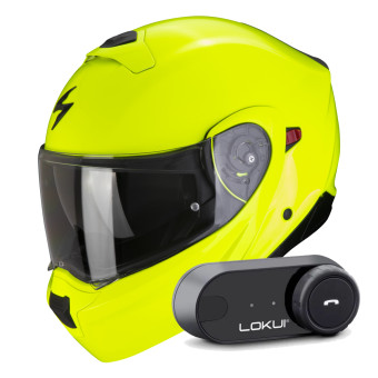 Convertible Scorpion Exo 930 Evo Solid Neon Yellow + Kit Bluetooth Lokui K30
