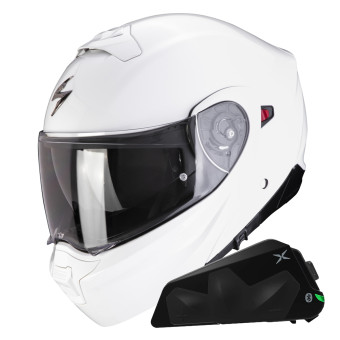 Convertible Scorpion Exo 930 Evo Blanco Slido + Kit Bluetooth Exo-Com Link-1C