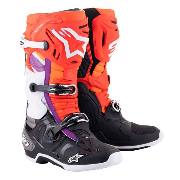 Botas Motocross Alpinestars Tech 10 Negro Rojo Fluo Naranja Fluo Blanco