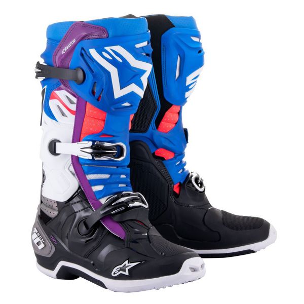 Botas motocross Alpinestars Tech 10 Supervented Black Enamel Blue Purple  White Envío Inmediato