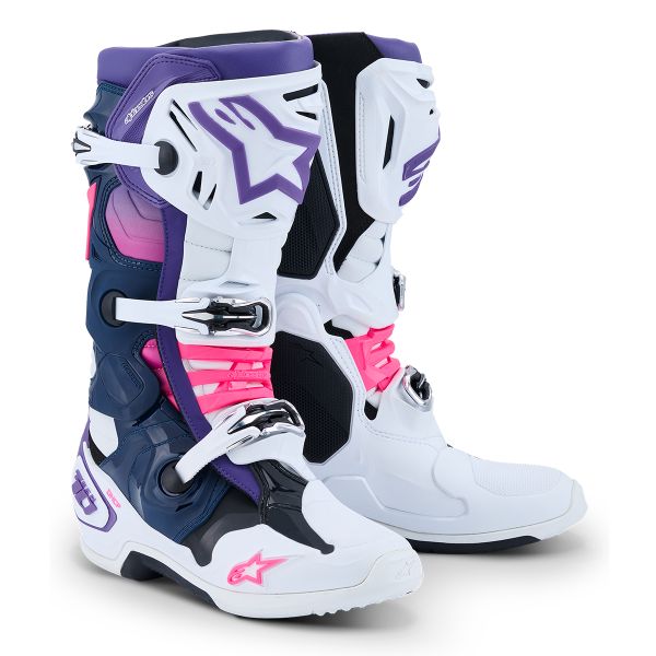 Botas Motocross Alpinestars Tech 10 White Violet Navy Blue Pink Fluo