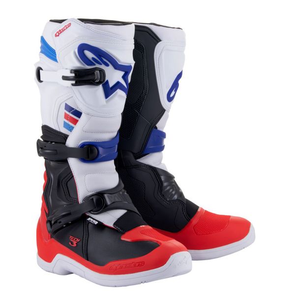 Botas Motocross Alpinestars Tech 3 Blanco Rojo brillante Azul oscuro Botas Motocross Alpinestars Tech 3 Blanco Rojo brillante Azul oscuro
