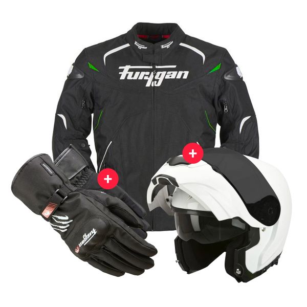 Cazadora moto Furygan Narval Black White Green + EXO 3000 Air White + Keen Black White
