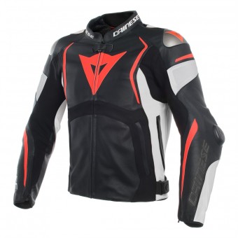 Cazadora moto Dainese Mugello Leather Black White Fluo Red