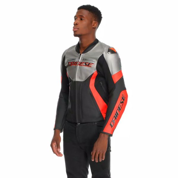 Dainese Racing 5 Cuero Plata Negro Rojo Fluo