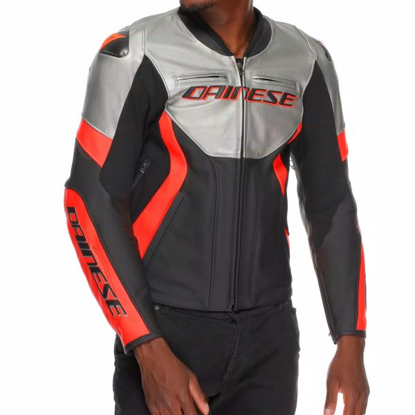 Dainese Racing 5 Cuero Plata Negro Rojo Fluo