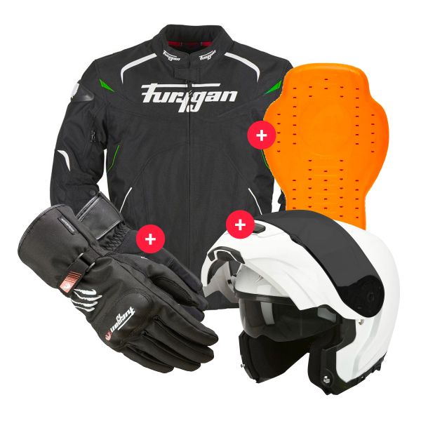 Cazadora moto Furygan Narval Black White Green + EXO 3000 Air White + Keen + Back Protector D3