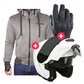 Cazadora moto HARISSON Patriot Grey + EXO 3000 Air White + Splash Waterpoof