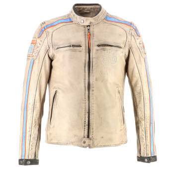Cazadora moto Helstons Clubman Cuero Beige Naranja Azul Cielo