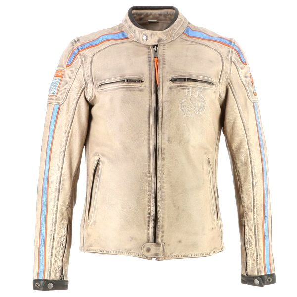Cazadora moto Helstons Clubman Cuero Beige Naranja Azul Cielo
