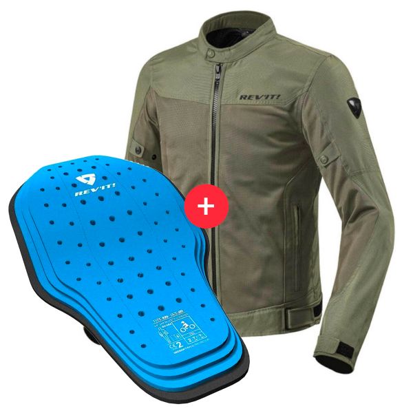 Cazadora moto REV'IT Eclipse D.Green + Back Protector Seesoft KN Blue Black