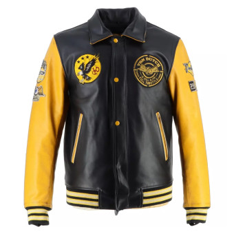 Cazadora moto Von Dutch Brooklyn Leather Wash Negro Amarillo