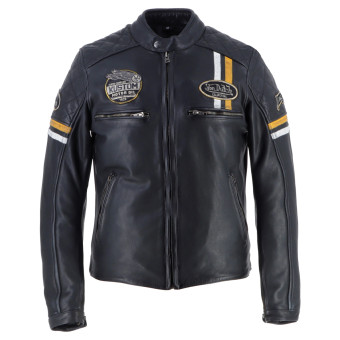 Cazadora moto Von Dutch Race Now Cuero Negro Blanco Amarillo