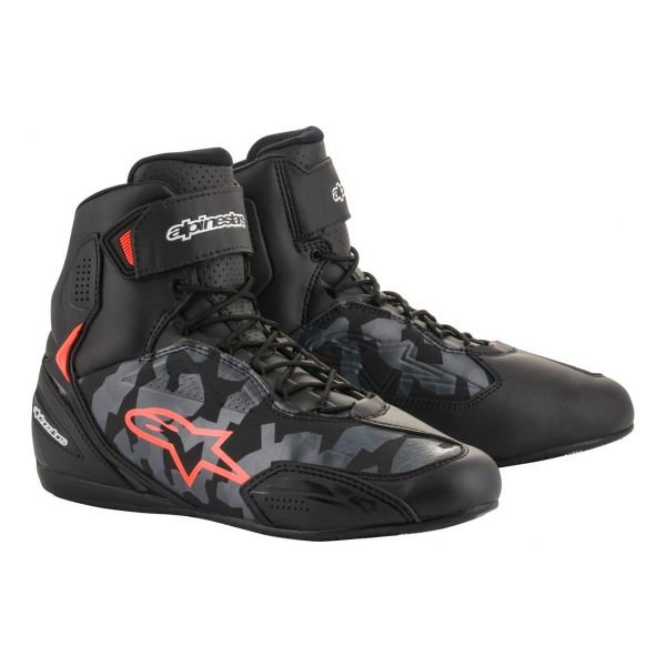 Deportivas Moto Alpinestars Faster 3 Negro Gris Camuflaje Rojo Fluo