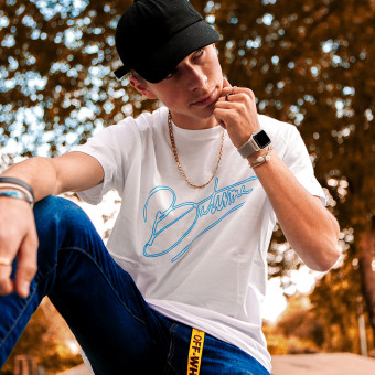 Camisetas Moto 100% Bitume Art Letter White Neon Blue Tee