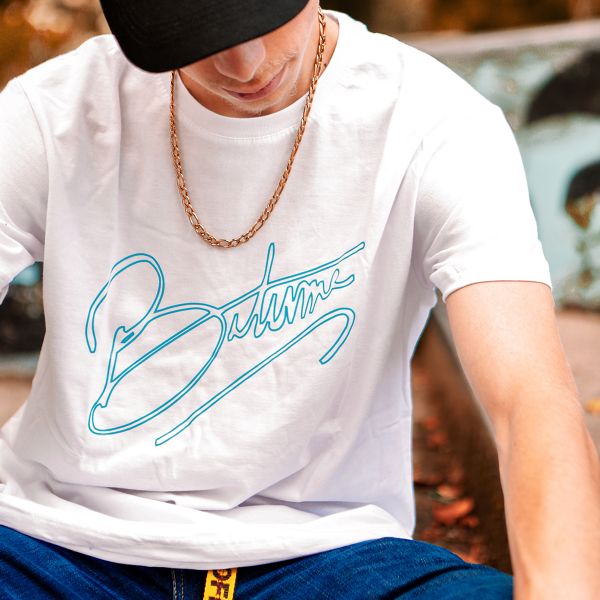 100% Bitume Art Letter White Neon Blue Tee